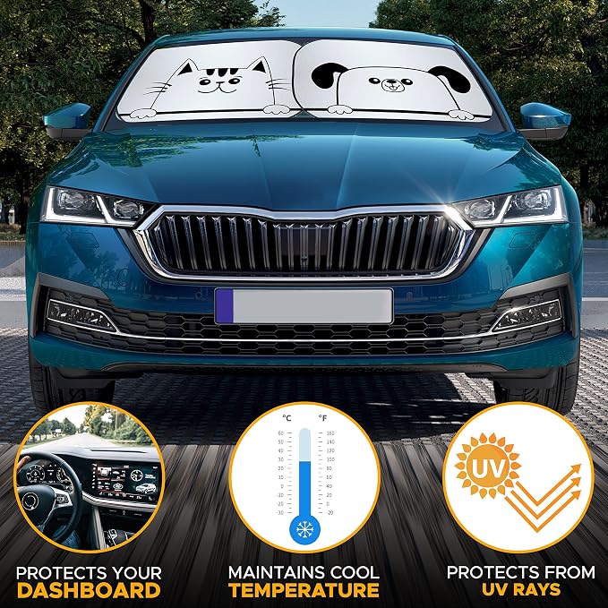 EcoNour Windshield Sun Shade Cartoon Design Medium Size (31" L x 28" W), Funny Printed Car Sunshade Foldable, 240T Polyester Blocks Heat and UV Rays for Front Window Protection