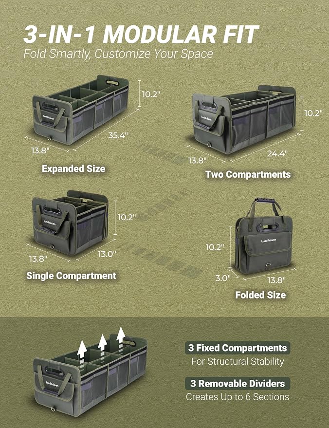 Heavy Duty Trunk Organizer with Lid for SUV & Truck (XL, Green) | 1680D Water-Resistant Fabric & 3.5mm PP Skeleton Collapsible Multi-Compartment Trunk features Dual Non-Slip Hooks