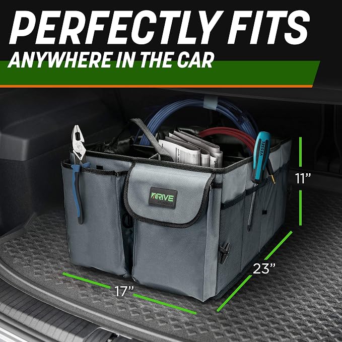 DRIVE - Car Trunk Organizer - Collapsible, Multi-Compartment Automotive SUV Car Organizer for Storage w/Adjustable Straps - Truck & Car Accessories for Women and Men - Grey