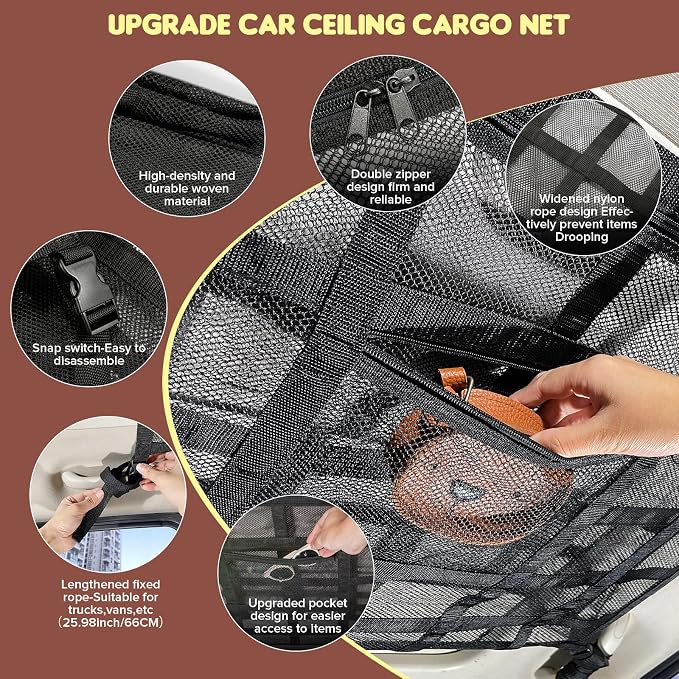 Car Ceiling Cargo Net, 35.4" x 23.6" Double Layer Overhead Storage Organizer for 4 Grab Handle Vehicles,Fits Most SUVs, Vans & Trucks,Mesh Roof Pocket for Camping & Road Trips