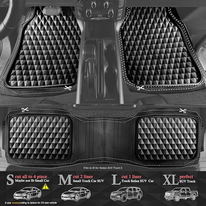 CAR PASS Heavy Duty Rubber Black Car Floor Mats & Cargo Liners, Deep Dish All-Weather Trunk Mats Durable Anti-Slip 3D Rhombus Waterproof Trim to Fit Liner Universal Fit Auto,Sedan,SUV,Truck, Black