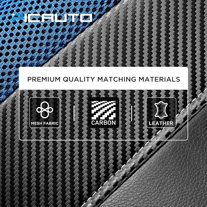 PIC AUTO Leather Car Seat Covers, Sports Carbon Fiber & Mesh Design, High-Back Two Front Set, Waterproof Automotive Seat Covers, Airbag Compatible, Universal Fit for Most Cars (Black & Blue)