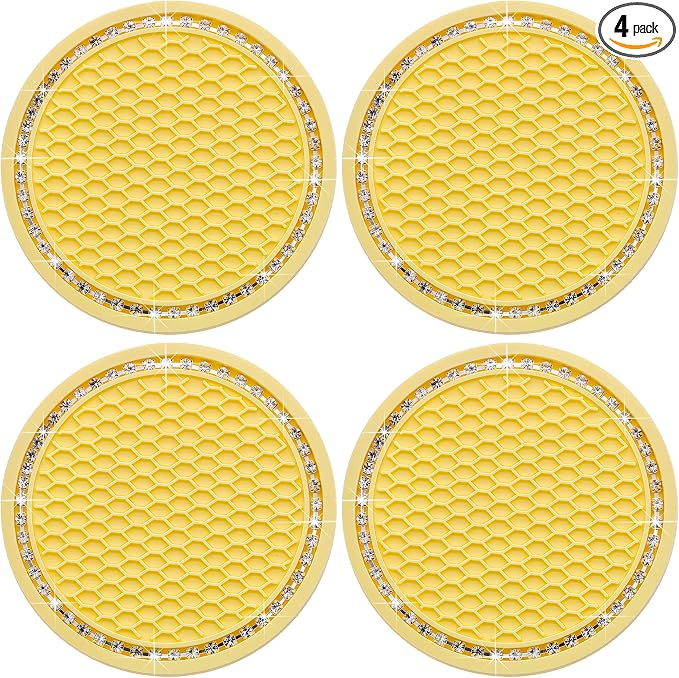 4PCS Bling Cup Holder Coaster, 2.75 Inch Auto Car Cup Holder Insert Coasters, Soft Silicone Anti-Slip Shockproof, Universal Vehicle Interior Accessories for Women Girls (Yellow & White)