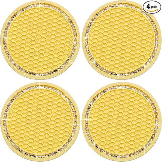 4PCS Bling Cup Holder Coaster, 2.75 Inch Auto Car Cup Holder Insert Coasters, Soft Silicone Anti-Slip Shockproof, Universal Vehicle Interior Accessories for Women Girls (Yellow & White)