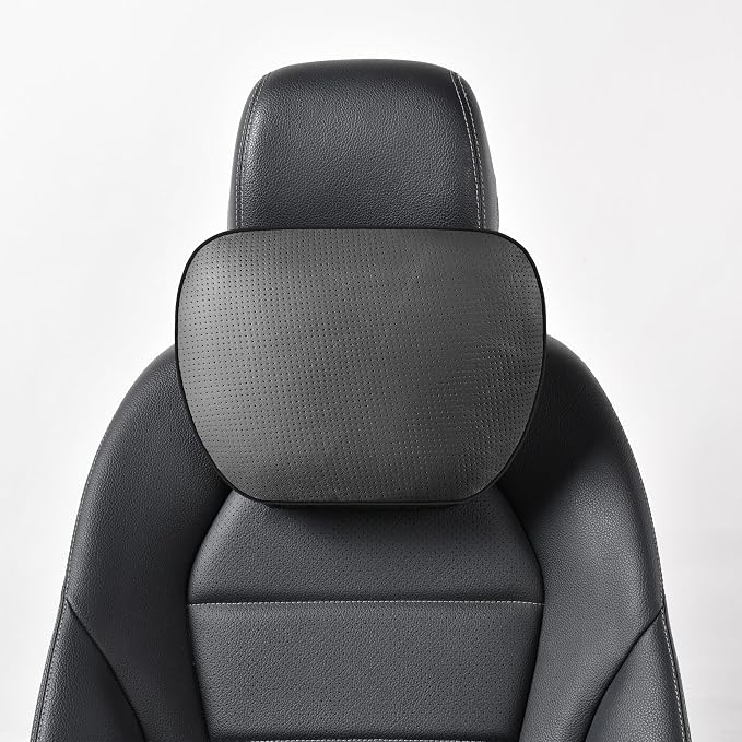 Genuine Leather Car Neck Pillow for headrest,Support Drive Seats Head Cushion,Real Cow Leather,11.8x7.5”,Plant-Based Polyester,Thickness & Height Adjustable,Inner Liner fillable(Black,1p)