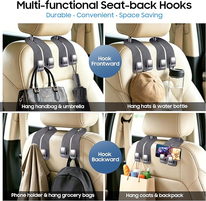 Amooca Car Headrest Hooks, Premium Suede with Metal Car Seat Back Storage Hooks for Handbag Coats Umbrella Backpack - 2 Pack, Gray