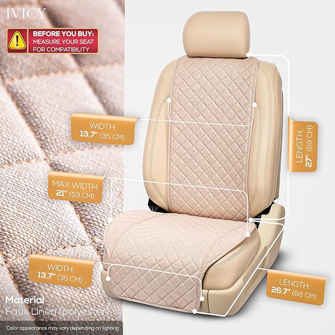 IVICY Faux Linen Front Car Seat Cover – Non-Slip Bucket Seat Protector for Most Cars, SUVs, Vans & Trucks – 1 Seat Cover, Machine Washable, Side-Airbag Friendly, Light Beige