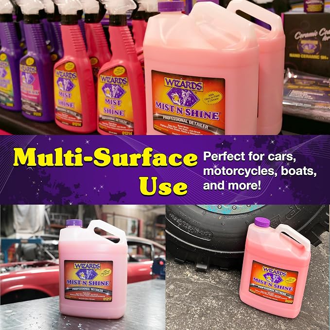 Wizards Mist-N-Shine Quick Detailer Spray - Waterless Wash - 1 Gallon | Anti-Static Formula for Paint, Chrome, Glass, Plastic, and Rubber Trim, Wax-Free, No Petroleum Solvents, Cars, Bikes, Boats