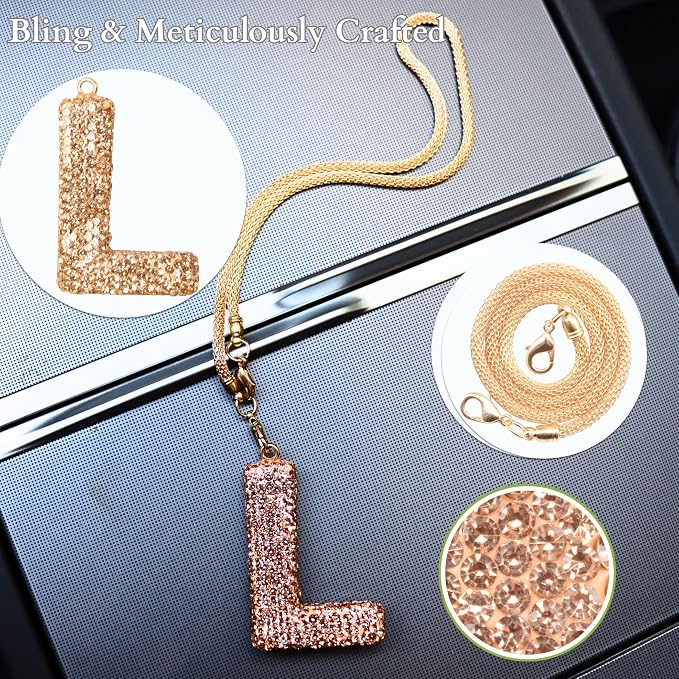 Bling Car Accessories for Women Letter Charm, Rainbow Crystal Rearview Mirror Pendant, Cute Diamond Rhinestone Car Decor, Lucky Gift for Women(L, Champagne Gold)