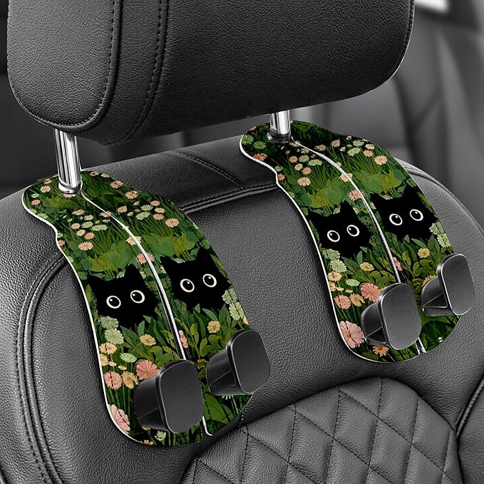 WOCOCN Purse Holder for Car, 2 Pack Heavy Duty Purse Hanger for Car, PU Leather Car Seat Hooks for Purses and Bags, Cute Grass Cat Headrest Organizer for Handbags & Backpacks