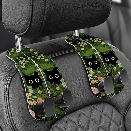 WOCOCN Purse Holder for Car, 2 Pack Heavy Duty Purse Hanger for Car, PU Leather Car Seat Hooks for Purses and Bags, Cute Grass Cat Headrest Organizer for Handbags & Backpacks