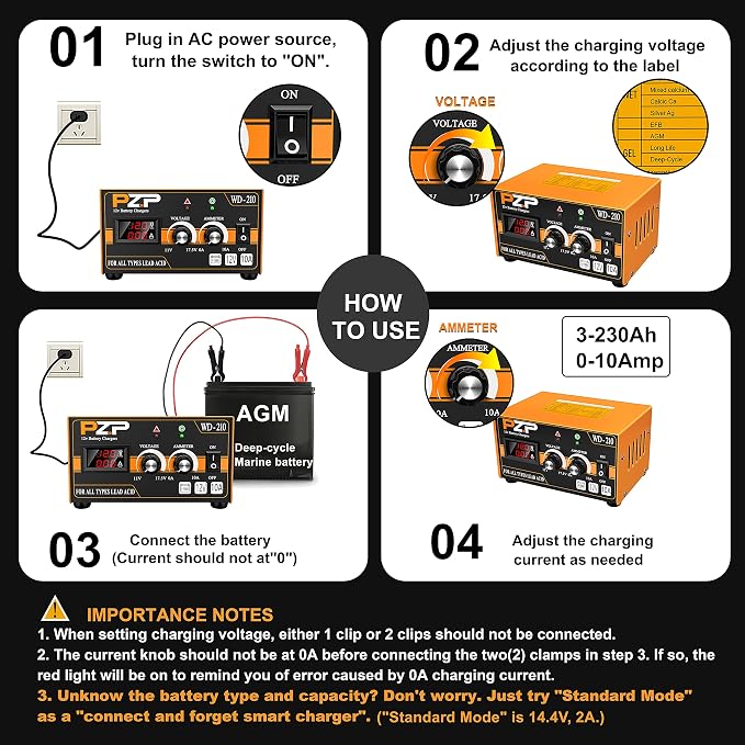PZP 12V Manual Battery Charger Maintainer, 0 to 10A Arbitrarily Adjustable Car Battery Trickle Charger, Battery Desulfator with Repair, Winter Mode, Suitable for Lawn Mower, AGM, Deep Cycle Batteries