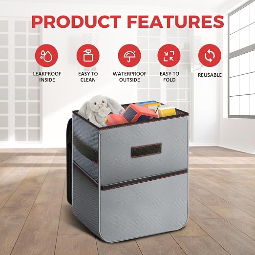 Healsmart 2 Gallon Car Trash Can Lid and Storage Pockets, Leak-Proof Collapsible and Portable Organizer, Multipurpose Garbage Bin with Adjustable Straps, Grey