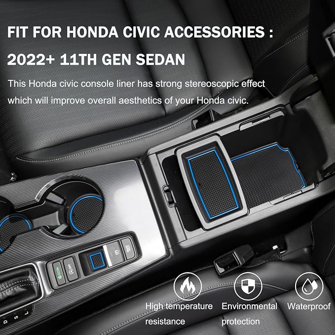 for Honda Civic Accessories 2022 2023 2024 2025 2026 11th Gen Sedan Cup Holder Insert Center Console Liner Door Slot Mats Pad Coaster Trim Premium Rubber Custom Interior 17PC Set (Blue Trim)