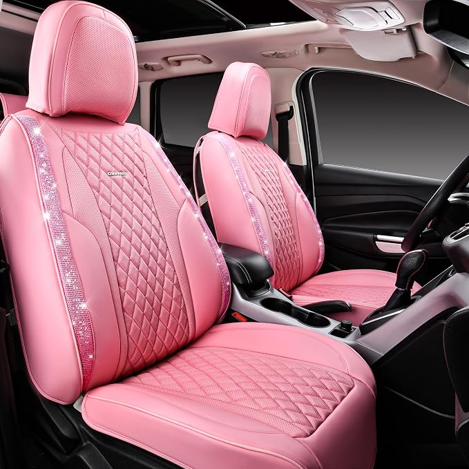 CAR PASS Pink Nappa Leather Car Seat Covers for Full Seats, Bling Diamond Waterproof Seat Protectior Universal Fit Auto SUV Sedan Truck Glitter Sparkly Shining Rhinestone for Women Girl, Pink Leather