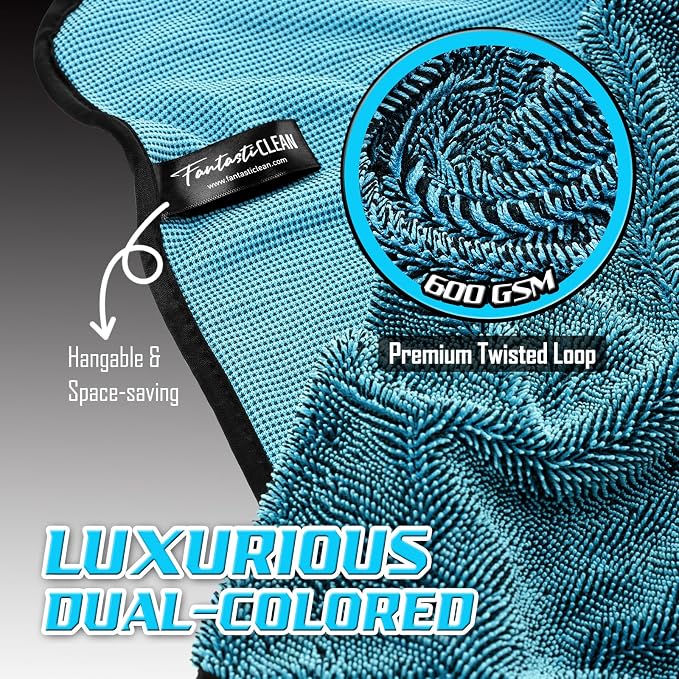 Fantasticlean Microfiber Car Drying Towels- 2 Pack, 32‘’ by 24'' (Blue) | Dual-Colored Twisted Loop, Ultra Absorbent, Scratch-Free Premium Detailing Cloth for Car, RV, Motorcycles, Trucks
