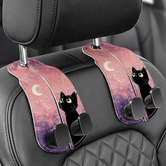 WOCOCN Purse Holder for Car, 2 Pack Heavy Duty Purse Hanger for Car, PU Leather Car Seat Hooks for Purses and Bags, Cute Pink Starry Sky Cat Headrest Organizer for Handbags & Backpacks