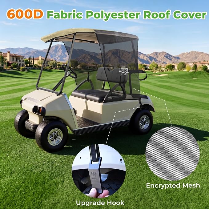 10L0L 2 Passenger Golf Cart Sun Shade Cover for EZGO TXT RXV & Club Car DS Precedent Tempo - Foldable UV Protection Cover Heat Blocking Design, Beige