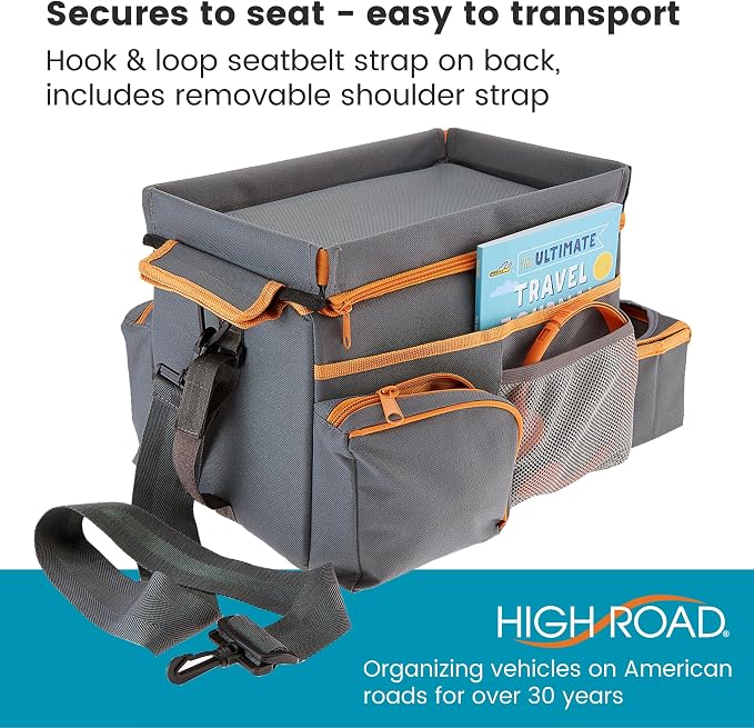 High Road CarHop Car Caddy Organizer with Tray, Trip Cooler and Cup Holder | Middle Seat Organizer for Kids Toys and Snacks in the Backseat and Passenger Seat Car Snack Organizer for Drivers