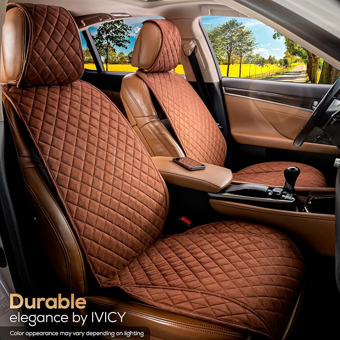 IVICY Faux Suede Front Car Seat Cover – Non-Slip Bucket Seat Protector for Most Cars, SUVs, Vans & Trucks – 1 Seat Cover, Machine Washable, Side-Airbag Friendly, Brown