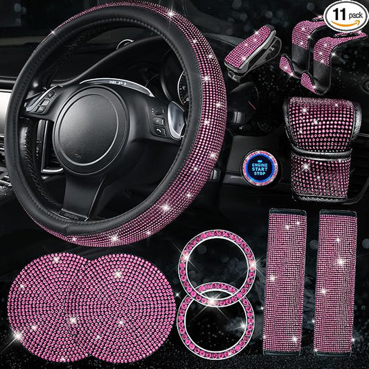 CAR PASS 11 PCS Bling Diamond Car Accessories Set for Women, Sparkly Rhinestone Steering Wheel Cover, Bling Seat Belt Cushion, Shift Knob Cover, Push Start Button Ring, Cup Holder Coaster, Black Pink