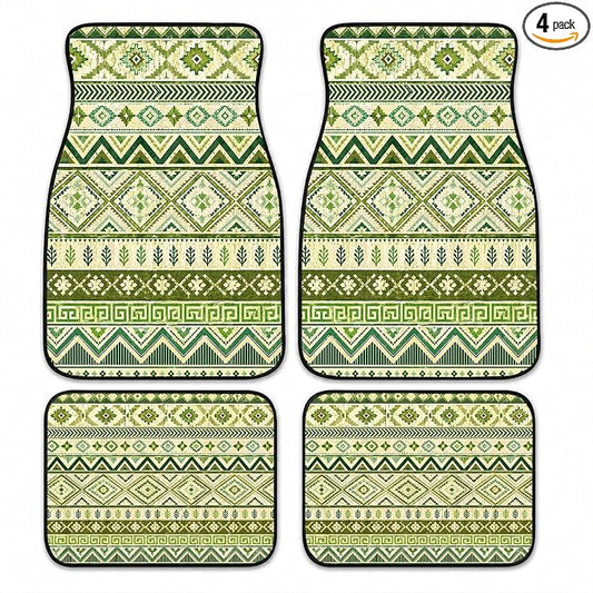 Green Aztec Car Floor Mats Set of 4 Boho Tribal Geometric Pattern Car Accessories Foot Mats Rugs, Non-Slip,Decor for Universal Fit for Suvs Sedans Trucks Cars Auto Floor Carpets Rugs All-Weather