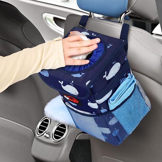 EPAuto Waterproof Car Trash Can with Lid and Pockets, 1.8 Gal, Blue | Leakproof, Collapsible Multipurpose Car Bin with 3 Side Storage Pockets, Adjustable Straps