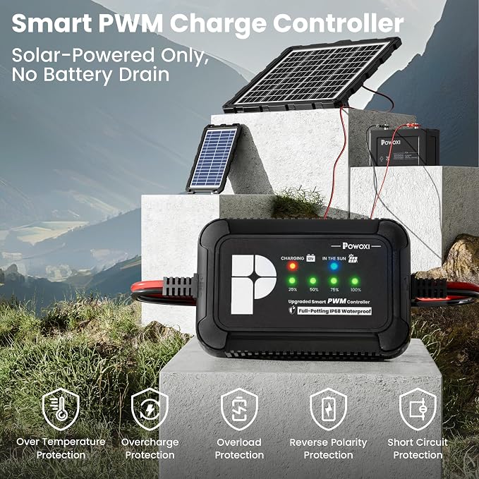 POWOXI-Upgraded-20W-Solar-Battery-Charger-Maintainer, External Smart 3-Stages PWM Charge Controller, 12V Solar Panel Trickle Charging Kit for Car, Motorcycle, Marine, RV, etc