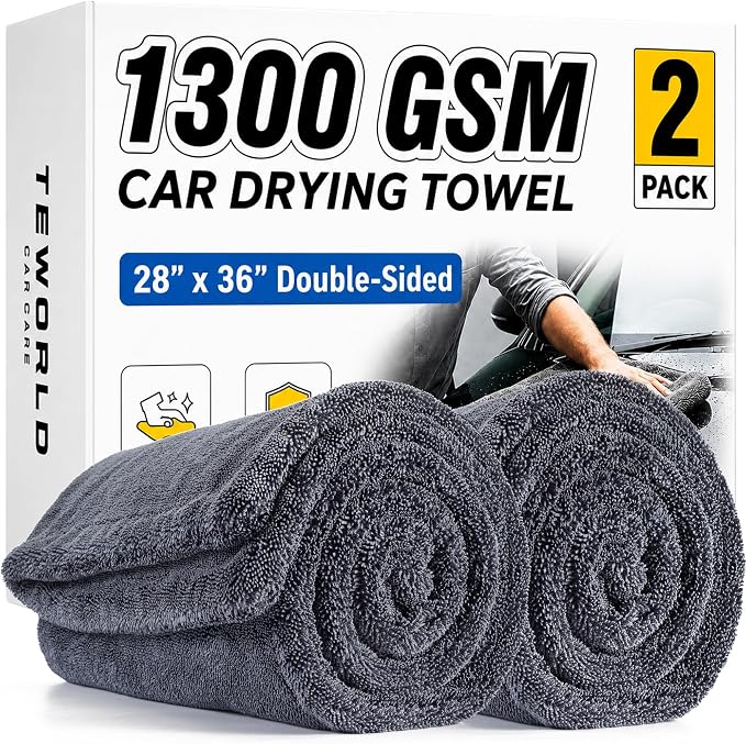 teworld® 2-Pack Car Drying Towels, Large 36 x 28 Inch, 1300 GSM, Dual-Gray | Twisted Loop Microfiber Towel for Cars - Absorbent Car Dry Towel and Car Wash Towel for Streak-Free, Paint-Safe Car Detailing