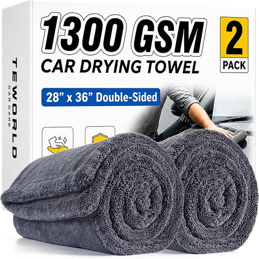 teworld® 2-Pack Car Drying Towels, Large 36 x 28 Inch, 1300 GSM, Dual-Gray | Twisted Loop Microfiber Towel for Cars - Absorbent Car Dry Towel and Car Wash Towel for Streak-Free, Paint-Safe Car Detailing