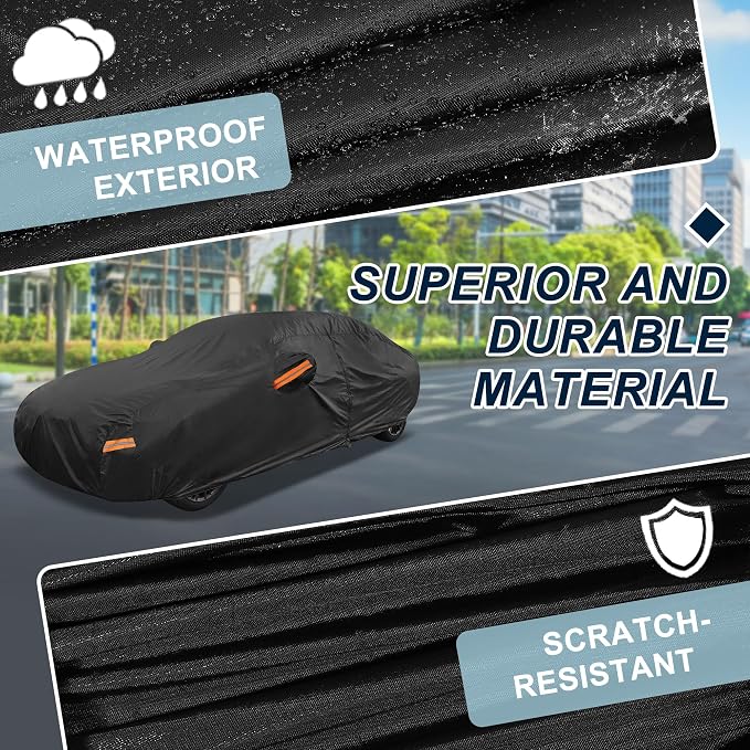 Black Heavy Duty Waterproof Car Cover for Sedan 201"-207" - All-Weather UV Protected Outdoor Full Exterior Cover with Sun/Snow/Rain Resistance
