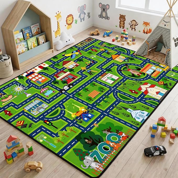 Non Slip City Road Traffic Carpet for Toy Cars, Kids Play Rug 3x5 Feet Education Town Map with Zoo and Shop Learning Area Rug for Boys Girls Playroom Bedroom