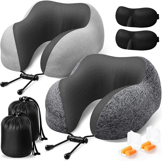 ExploreBliss Travel Pillow, 2 Pack Travel Pillows for Sleeping Airplane, Neck Pillow Airplane, Memory Foam Neck Pillow Set with Eye Mask, Earplugs and Storage Bag -Grey & Light Grey