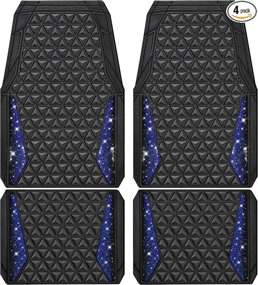 CAR PASS Bling Diamond Car Mats Rubber Floor Mats Full Set Anti-Slip 3D Rhombus Waterproof Trim to Fit Liner Universal Glitter Crystal Sparkly Shining Rhinestone Girl Women SUV Sedan Van, Black Blue