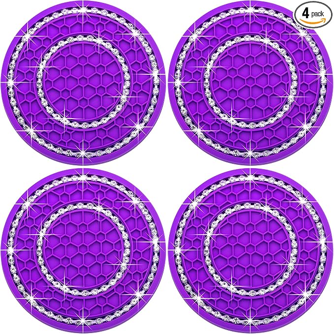 4PCS Bling Crystal Rhinestone Cup Holder Coaster, 2.75 inch Soft Silicone Anti-Slip Shockproof, Car Cup Holder Insert Coasters, Universal Car Interior Accessories for Women (Purple & White)