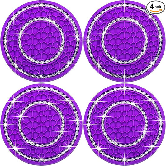 4PCS Bling Crystal Rhinestone Cup Holder Coaster, 2.75 inch Soft Silicone Anti-Slip Shockproof, Car Cup Holder Insert Coasters, Universal Car Interior Accessories for Women (Purple & White)