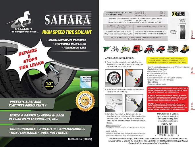 Sahara High Speed Tire Sealant - Superior Performance - Tire Repair - Stop Leaks - Extend Tire Life – All Weather – High-Speed – Slow Speed – ARDL Approved (34 Oz Bottle, Sahara)