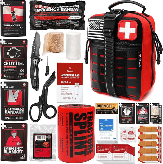 Survival First Aid Kit with Israeli Bandage, Chest Seal, Tourniquet, Splint, Tactical Military Combat Molle IFAK for Wound Care, Bleeding Control, Trauma Hemorrhage and More (Red)