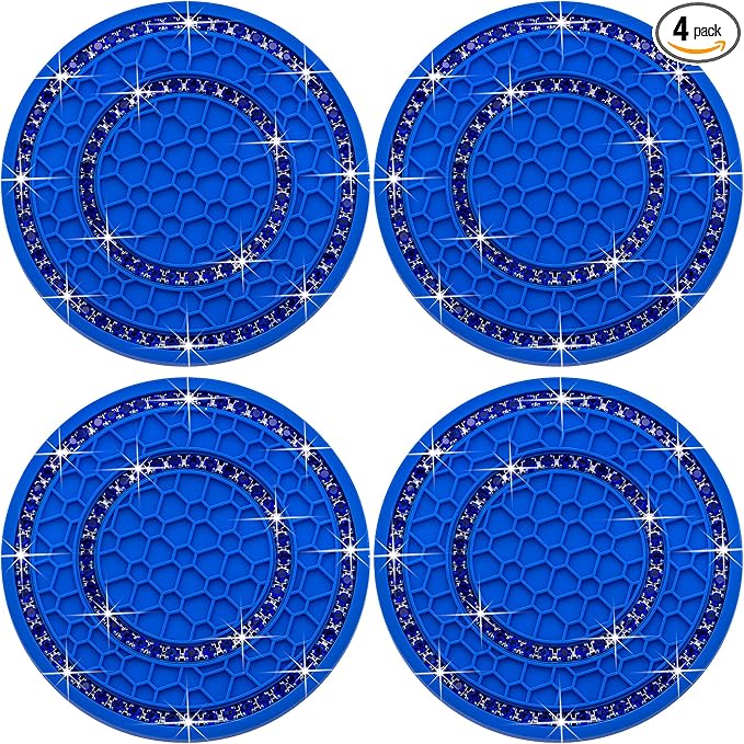 4PCS Bling Crystal Rhinestone Cup Holder Coaster, 2.75 inch Soft Silicone Anti-Slip Shockproof, Car Cup Holder Insert Coasters, Universal Car Interior Accessories for Women (Blue)