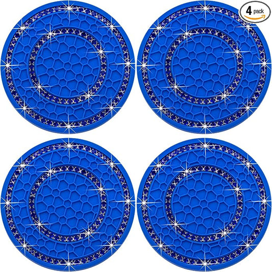 4PCS Bling Crystal Rhinestone Cup Holder Coaster, 2.75 inch Soft Silicone Anti-Slip Shockproof, Car Cup Holder Insert Coasters, Universal Car Interior Accessories for Women (Blue)