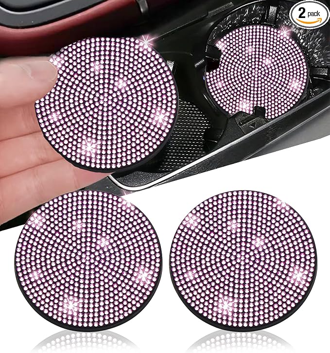 NBTEPEM 2pcs Bling Car Cup Holder Coaster, 2.75 inch Anti-Slip Shockproof Universal Fashion Car Coasters Insert Bling Crystal Rhinestone Automotive Interior Accessories for Women (2 pcs, Pink)
