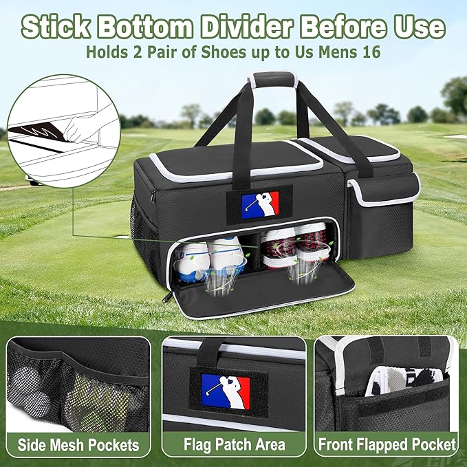 DSLEAF 2 Layer Golf Trunk Organizer, Golf Car Locker for Men & Women, Black | Reinforced Structure, Bottom Shoe Space for 2 Pair of Golf Shoes, Multiple Pockets for Balls, Tees and Gloves