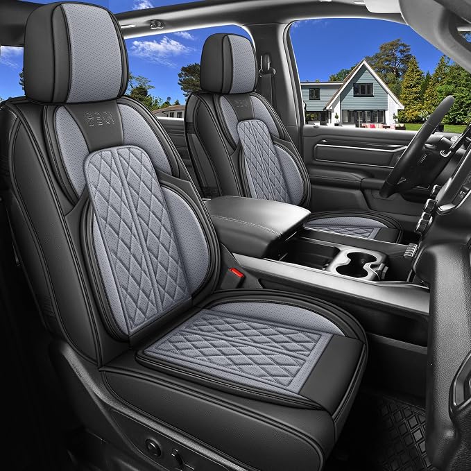 Car Seat Cover Custom Fit for Ford F150 2009-2026 Faux Leather Seat Cover Set Compatible with Regular Cab Super Cab Super Crew Pickup Truck Cushions (Black & Grey, Front Seat)
