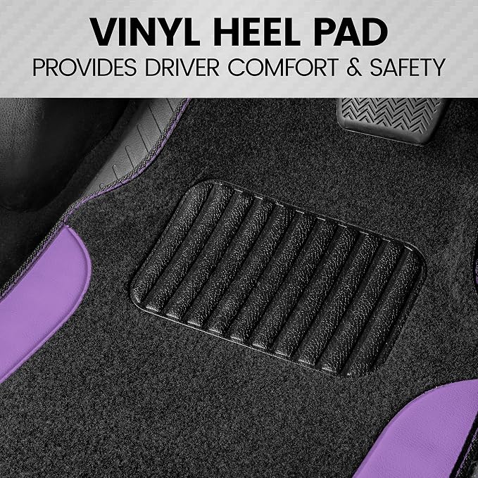 BDK Carpet Floor Mats for Cars, Two-Tone Carpet Car Mat with Faux Leather Accents, Automotive Floor Mat Sets with Built-in Heel Pad, Stylish Interior Car Accessories Purple