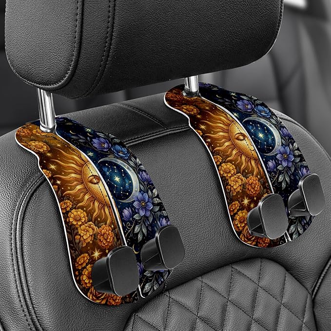 WOCOCN Purse Holder for Car, 2 Pack Heavy Duty Purse Hanger for Car, PU Leather Car Seat Hooks for Purses and Bags, Cute Sun Moon Headrest Organizer for Handbags & Backpacks