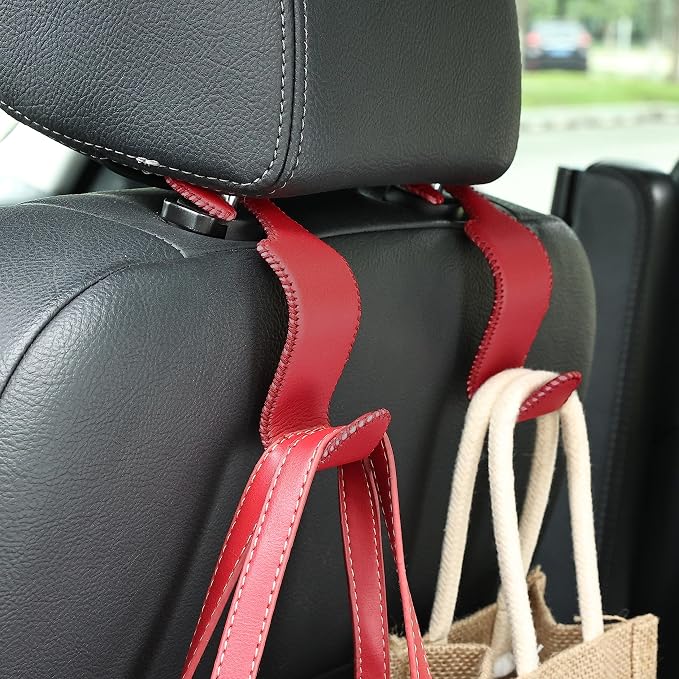 Amooca Car Seat Headrest Hook Universal Vehicle Storage Hanger Leather with Metal Car Seat Back Organizer for Handbag Purse Coat Wine 2 Pack