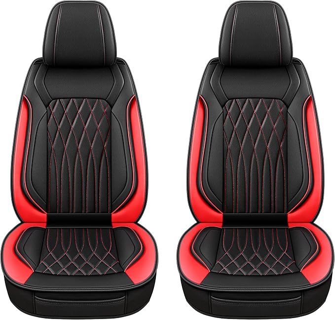 Pariitadin Leather Car Seat Covers Front Pair, Waterproof Faux Leather Seat Covers for Cars, Non-Slip Car Interior Covers Universal Fit for Most Cars Sedans Trucks SUVs, Black/Red Line