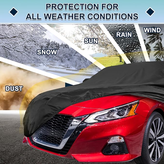 Black Heavy Duty Waterproof Car Cover for Sedan 201"-207" - All-Weather UV Protected Outdoor Full Exterior Cover with Sun/Snow/Rain Resistance