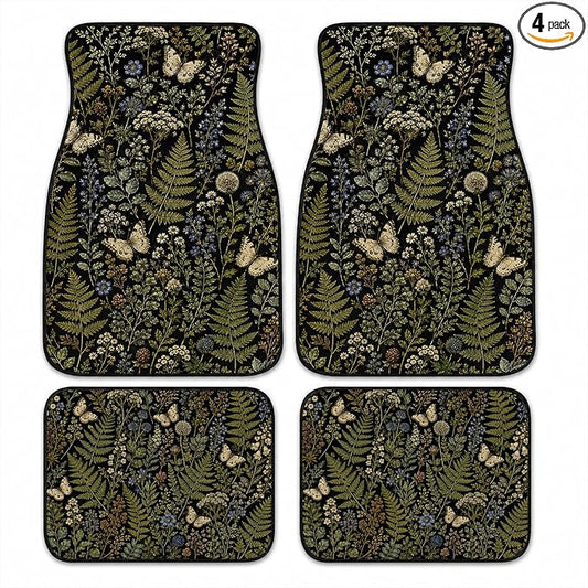 Butterfly Fern Car Floor Mats Set of 4 Dark Botanical Wildflower Car Accessories Foot Mats Rugs, Non-Slip,Decor for Universal Fit for Suvs Sedans Trucks Cars Auto Floor Carpets Rugs All-Weather