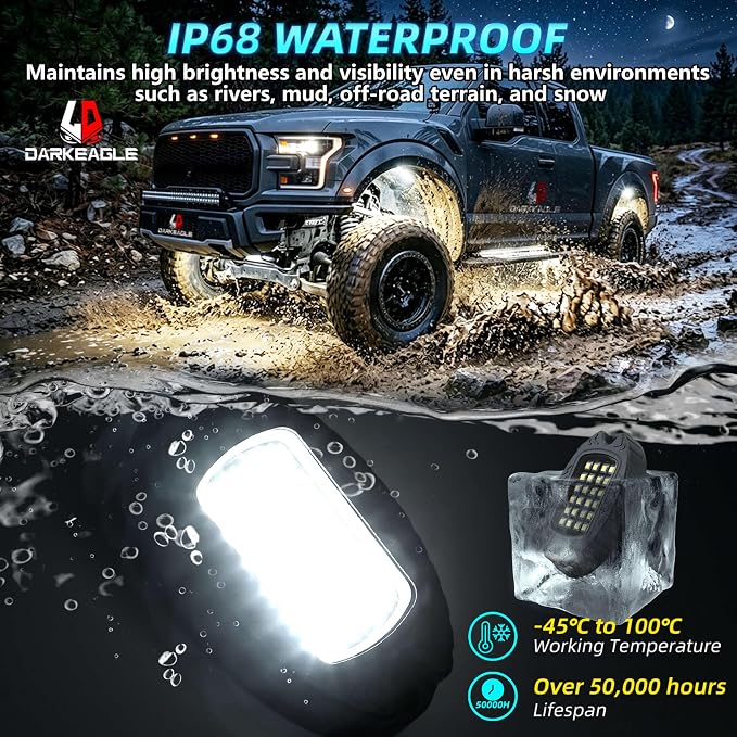 20Pods Metal Pure White LED Rock Lights Kit 6500K for Truck Pickup Offroad | Aluminum Housing, Plug-and-Play & Pre Wired, Switch Wiring Harness Extension Fuse, 480Chips Waterproof 12V, Pure Copper Wire